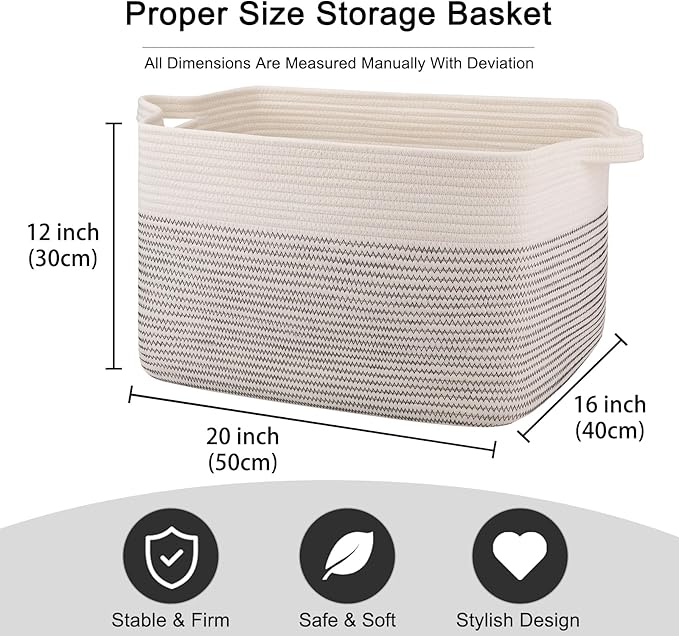 OIAHOMY 65L Blanket Basket, Cotton Rope Woven Blanket storage for Living Room, Rectangle Woven Baskets for Storage, 20''×16''×12'', Black and White