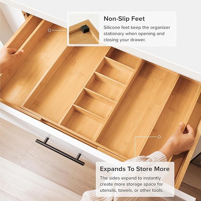 Adjustable Kitchen Drawer Organizer for Utensils and Junk, Food-Safe Contract Grade with 100% Sustainable Wood, Expandable from 19 to 33 Inches Wide - Natural Bamboo