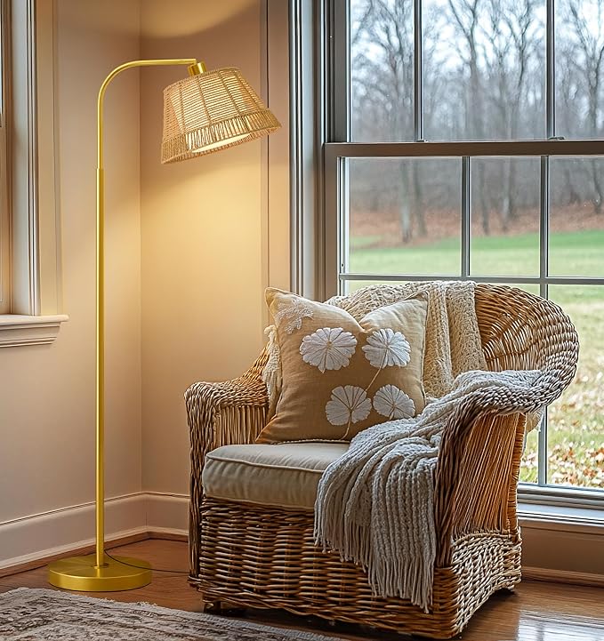 Oneach Arc Floor Lamp for Living Room,Rattan Boho Floor Lamp with Hand-Woven Wicker & Fabric Shade, Foot Switch,Gold Metal Base & Pole,Farmhouse Standing Lamp for Bedroom Corner,Office,Reading