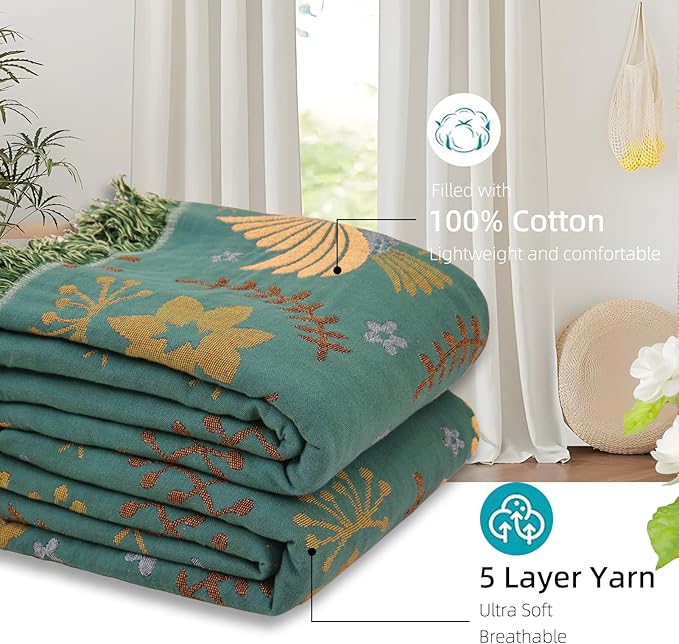 Boho Throw Blanket for Bed, 100% Pure Cotton Ultra Soft Rustic Quilt, Farmhouse Decor Bed Blankets, All Season Rustic Throw for Sofa Couch Chair(91''x 98'', Bird A)