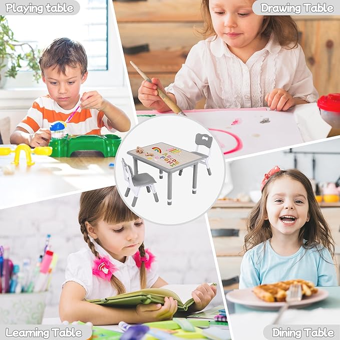 Toddler Table and Chair Set, Height Adjustable-Upgrade Kids Table and 2 Chairs for Ages 3-8, Multi-Activity Toddler Play Table with Graffiti Desktop for Home/Daycare/Classroom