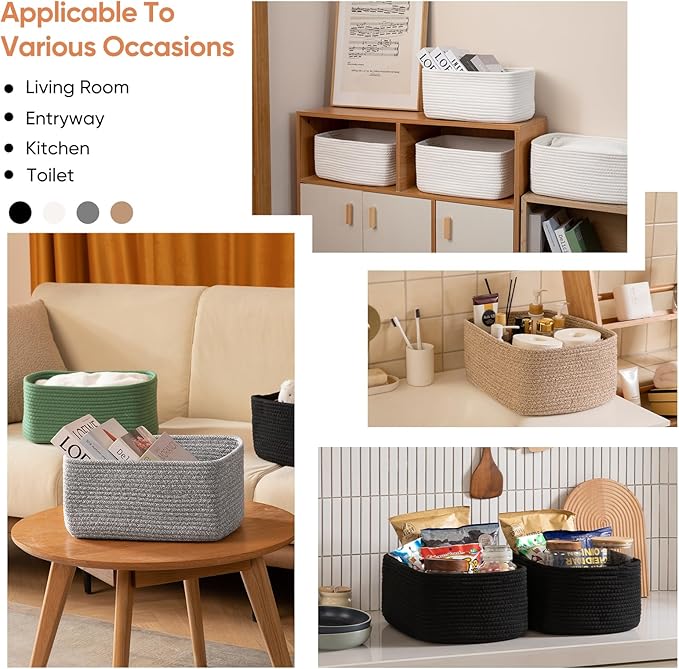 OIAHOMY 4 Pack 14.17*11.02*6.3IN Storage Baskets for Organizing Shelves, Woven Rope Baskets for Organizing Books, Clothes, Decorative Basket for Living Room, Nursery, Bedroom, Gift Basket, Black