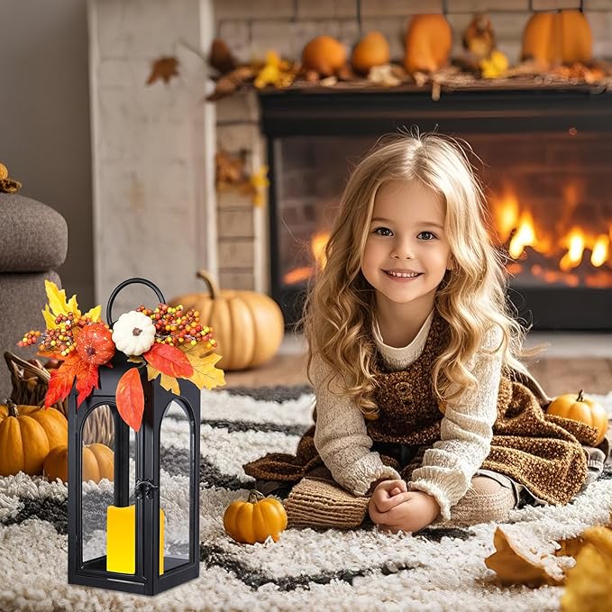 Bdor 2 Pack Fall Lanterns Decor with LED Candle – 16 Inch Harvest Pumpkin Maple Leaf Hanging Lantern for Autumn Thanksgiving Table Centerpiece Indoor Outdoor Decoration, Battery Operated