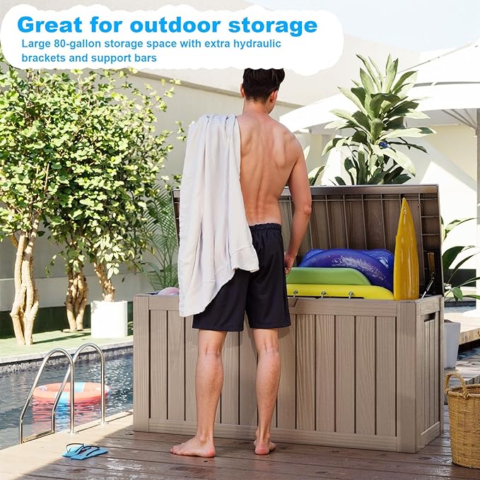 Vixzen 80 Gallon Resin Deck Box, Lockable Outdoor Storage Box for Patio Cushions Storage Furniture,Garden Tools, Pool Supplies, Weatherproof and UV Resistant- Grey