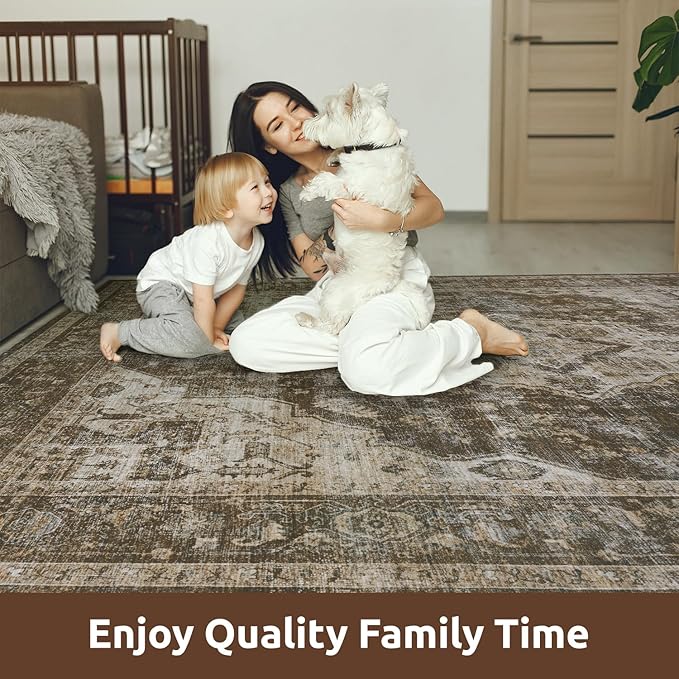 AMOAMI-2X10 Runner Rug-Washable Runners for Hallways-Soft Non Slip Bedside Rugs for Bedroom-Vintage Long Rug for Hallways Entryway Laundry Room Stair Kitchen Bathroom Brown/Coffee