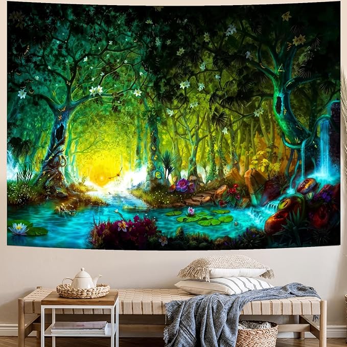 Delur Fantasy Forest Tapestry Mystical River Enchanted Magical Fairy Tale Tree Tapestry Sunrise Landscape Sunset Nature Psychedelic Wall Hanging Headboard for Bedroom Living Room Home Decor (59.1" x 78.7")