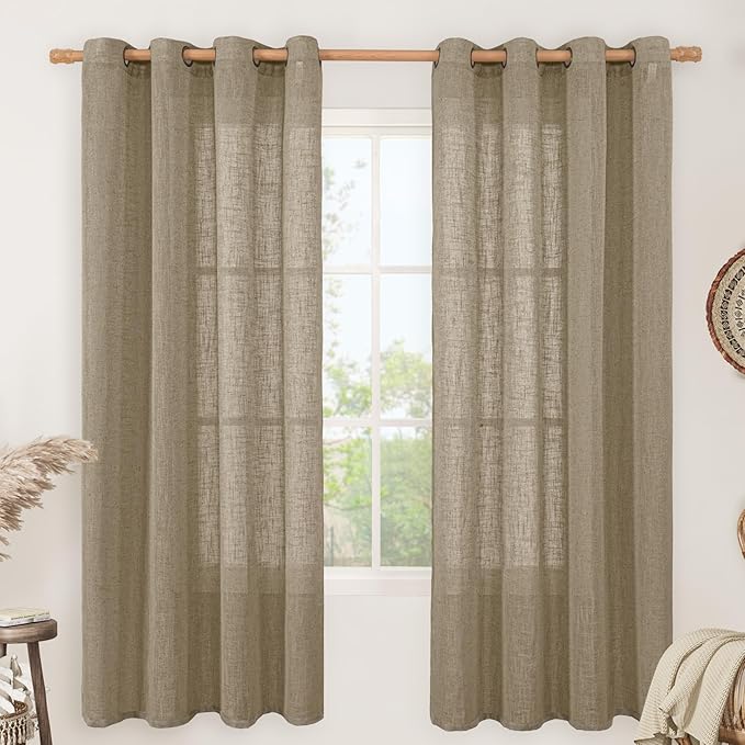 LAMIT Taupe Linen Curtains 72 Inch Length for Bedroom Living Room, Linen Textured Window Drapes Semi Sheer Light Filtering Bronze Grommet Burlap Look Farmhouse Country Decor, 2 Panels, 52 x 72 Inch