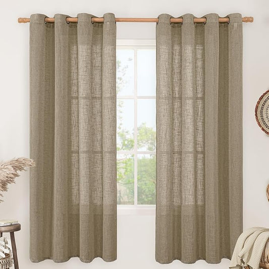 LAMIT Taupe Linen Curtains 72 Inch Length for Bedroom Living Room, Linen Textured Window Drapes Semi Sheer Light Filtering Bronze Grommet Burlap Look Farmhouse Country Decor, 2 Panels, 52 x 72 Inch