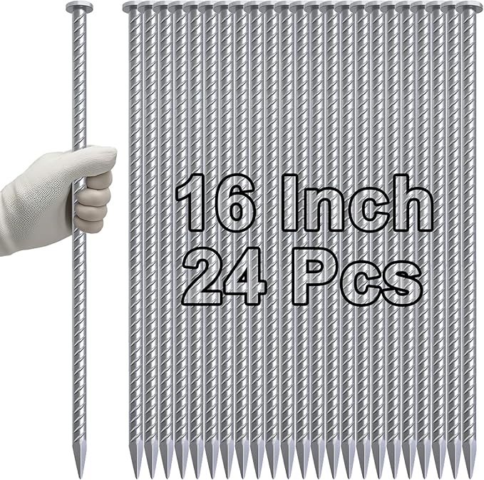 VVOKGO 16 Inch Rebar Stakes Metal Asphalt Anchoring Spikes Ground (24pcs), 1/2 Inch Diameter Galvanized Landscape Anchors Heavy Duty for Speed Bump, Handicap Threshold Ramps, Parking Limits Curb, Tarp
