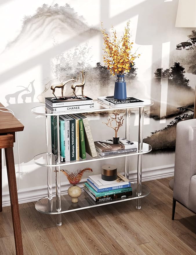 Clear Bookshelf, Acrylic Bookcase with Open Book Shelf Console Table for Entryway Office Living Room Bedroom (3 Tier Clear)