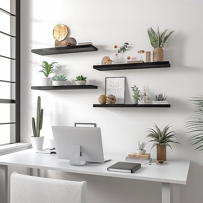 Wood Floating Shelves for Wall Decor, Rustic Wall Shelves for Bedroom Bathroom Kitchen Living Room, Set of 4 Black 24 Inch