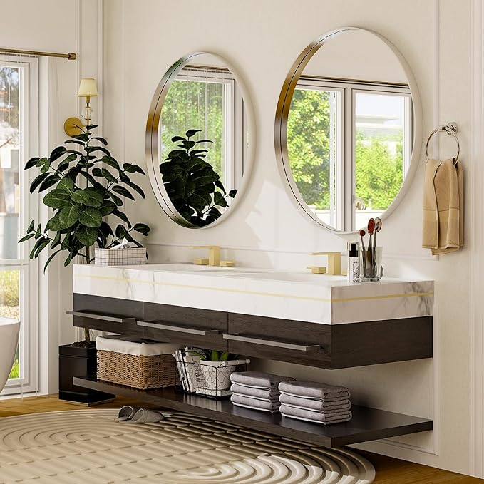 32 Inch Silver Round Bathroom Mirror - Wall Mounted Circle Mirror with Metal Frame, Modern Mirror Suitable for Bathroom, Vanity, Entryway, Living Room, Wall Decor