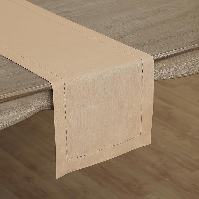 Solino Home Linen Beige Table Runner 108 Inches Long - 100% Pure Linen 14 x 108 Inch Table Runner for Fall, Autumn, Thanksgiving - Classic Hemstitch