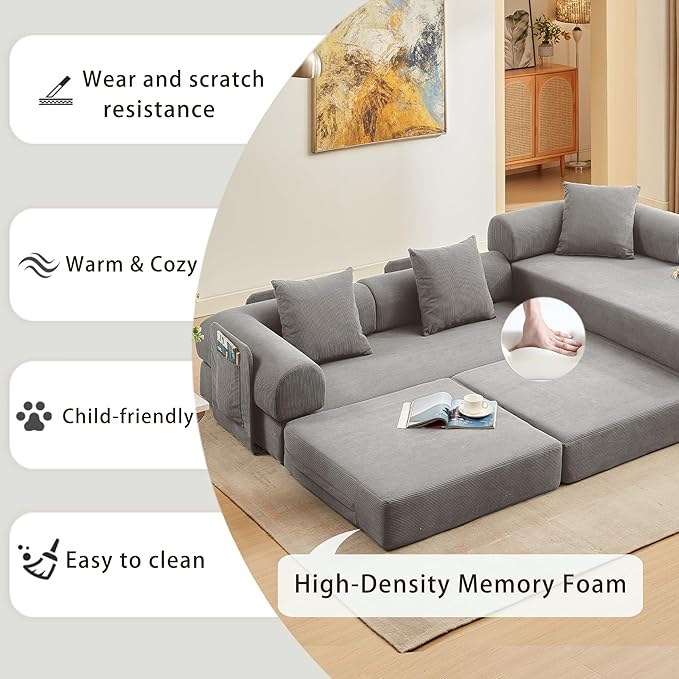 107" Oversized Convertible Sleeper Sofa Bed, Corduroy L Shape Sectional Couch, Folding Sofa Bed with Side Pocket, Modern Cloud Floor Mattress Couch, Modular Sofa for Living Room, Grey