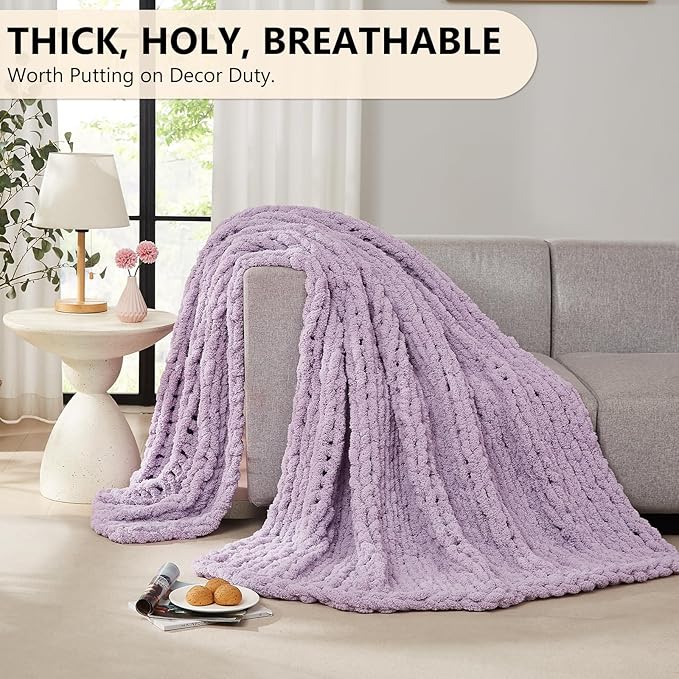 L Agusty Chunky Knit Blanket Throw: 72''x84'' Chenille Thick Knitted Throw Blanket for Bed, Couch - Handmade Large Purple Chunky Rope Blanket for Home Decor