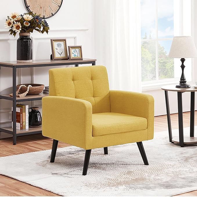 Yaheetech Mid-Century Accent Chairs, Modern Upholstered Living Room Chair, Cozy Armchair Button Tufted Back and Wood Legs for Bedroom/Office/Cafe, Set of 2, Yellow