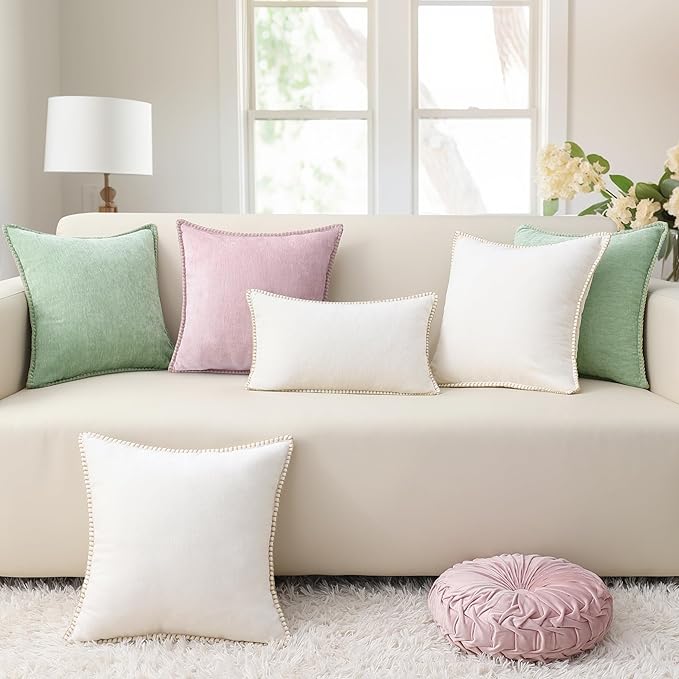 decorUhome Chenille Soft Throw Pillow Covers 18x18 Set of 2, Farmhouse Velvet Neutral Decorative Euro Pillow Covers with Stitched Edge for Couch Sofa Bed Home Decor, Cream White