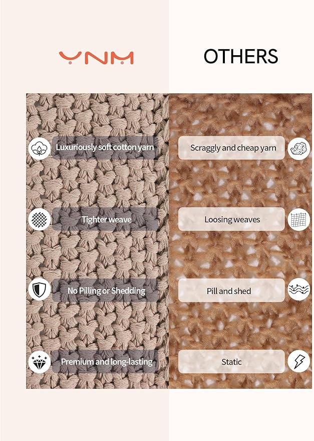 YnM Chunky Cotton Knit Throw Blanket, Cable Knit Throws for Bed Couch Sofa, Comfy & Relaxing, Decorative Piece for Farmhouse Modern Boho Rustic Scandinavian Chic Vibe, Beige 50x60 Inches