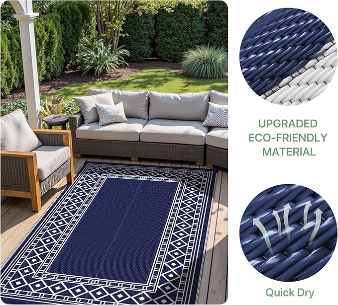 GENIMO Outdoor Rug Waterproof for Patio Decor, 9'x12' Foldable Reversible Plastic Straw Carpet for Travel Trailers, Outside Area Mat for Rv, Deck, Picnic, Porch, Camper, Balcony, Beach, Blue & White