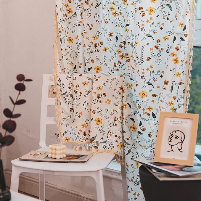 Sutuo Home Boho Curtain Semi-Blackout Yellow Florals Print Cotton Linen Fabric, Handmade Tassels Rod Pocket Bohemian Farmhouse Country Window Drapes for Living Bedroom, 59" W x 84" L, 1 Panel