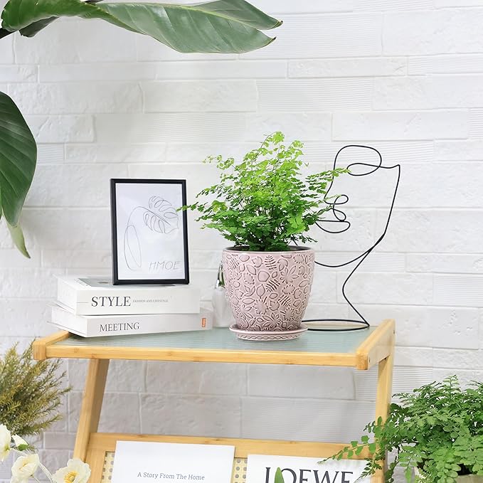 6 Inch Retro Ceramic Planter Set of 2 with Drainage Hole and Saucer for Plants, Indoor-Outdoor Garden Pots for Succulent, Orchid, and Flower (Fits Inner Pots Up to 5 Inches, Retro Peach)