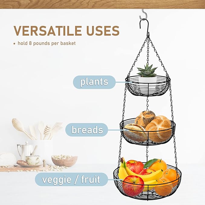 CAXXA 3-Tier Hanging Basket Fruit Organizer Kitchen Heavy Duty Wire Organizer with 2 Free Bonus Metal Ceiling Hooks, Black