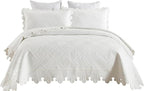 MarCielo 3-Piece 100% Cotton Oversized Bedspread Lightweight Quilt Coverlet Embroidery Farmhouse Bedding Set (TK White, Oversized King (118"x106"))