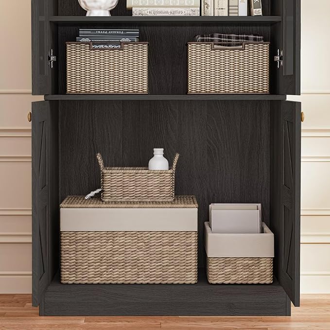 Vyre 71" Tall Farmhouse Bookshelves with Glass Doors, Large Modular Bookcase with Adjustable Shelves, Storage Cabinet for Living Room, Kitchen, Home Office, Black