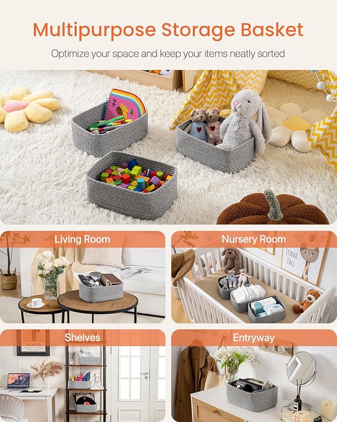 KALLAX Small Woven Basket, 12 x 8 x 4.5 Inches, Storage Basket for Organizing, Cute Small Rope Shelf Closet Cube Storage Bins Baskets for Shelves, Dog Toy Gift Baskets Empty, 3 Packs, Mixed Grey