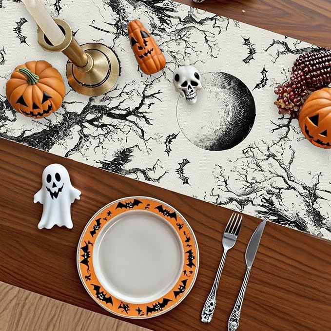 GPGHE Halloween Table Runner Black Ghost Holiday Burlap Table Decoration Indoor Outdoor Home Decor Party Supply 13 x 90 Inch