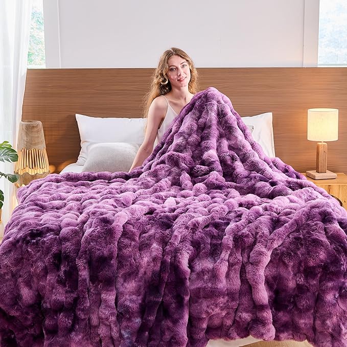 Lotus Karen Faux Fur Throw Blanket Tie-dye Violet - Big Bubble Rabbit Fluff Blanket for Couch Bed Sofa,Softest Fluffy Fuzzy Cozy Blanket,Thick Furry Plush Shaggy Warm Blankets for Women,90x90 Inches