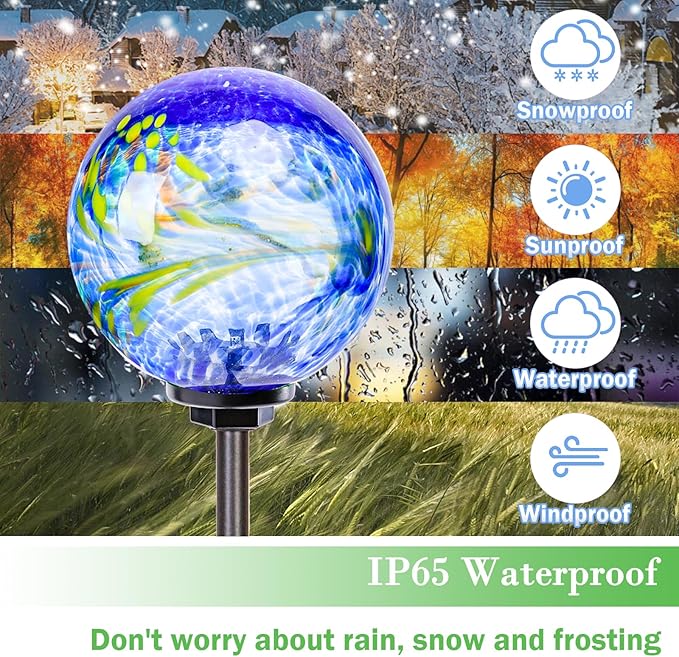 Solar Lights Outdoor Decorative Solar Outdoor Decorative Glass Ball Stakes Waterproof Garden Stake Glass LED Garden Globe Lights for Pathway Yard Lawn Decoration Blue