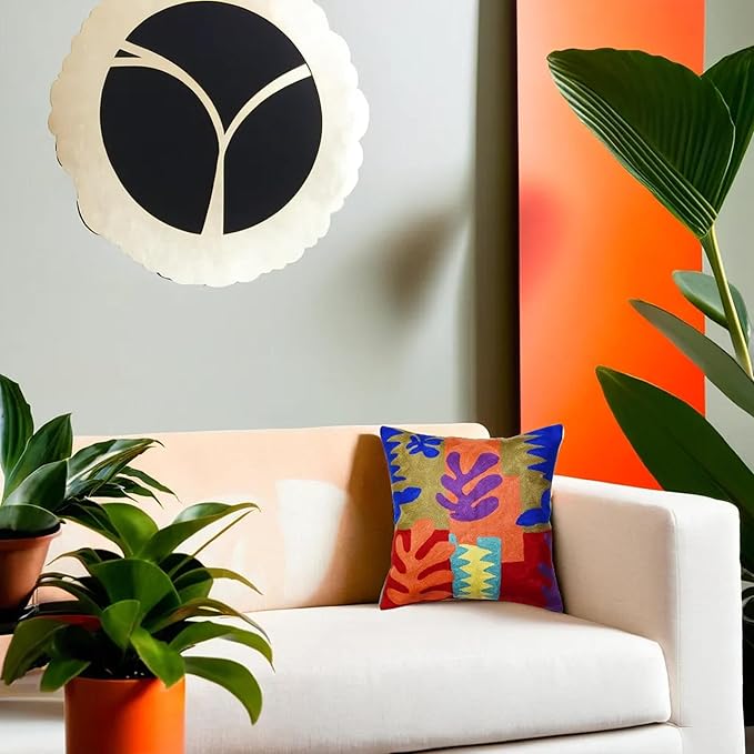 Matisse Decorative Pillow Cover Cutouts Hand Embroidered Abstract Toss Pillows Farmhouse Chair Cushion Contemporary Pillowsham Mid-Century Chair Cushions Wool Size 18x18