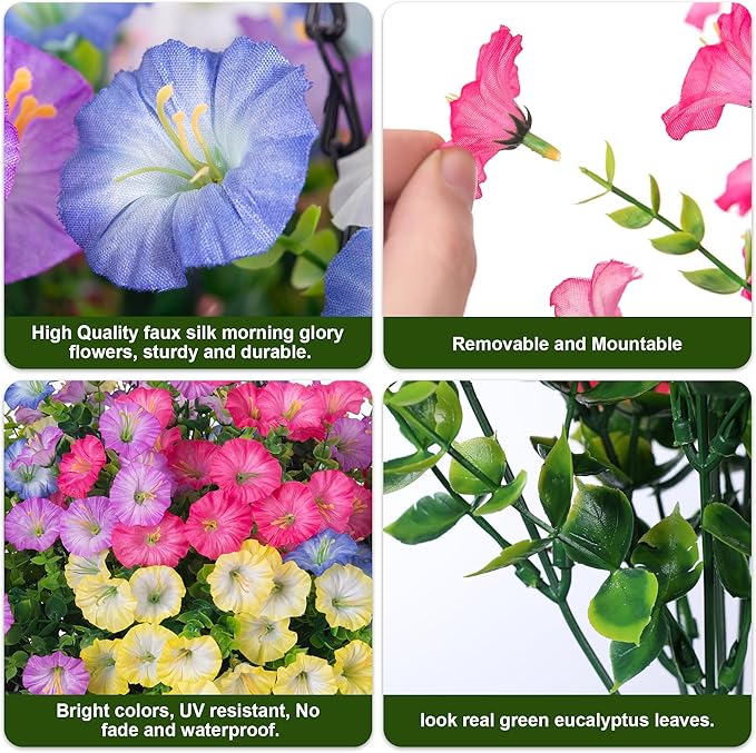 Artificial Flowers for Outdoors Fake Plants Outside Decoration, 12 Bundles Silk Colorful Morning Glory with Eucalyptus UV Resistant Realistic Faux Flowers for Planter Porch Patio Yard Indoor