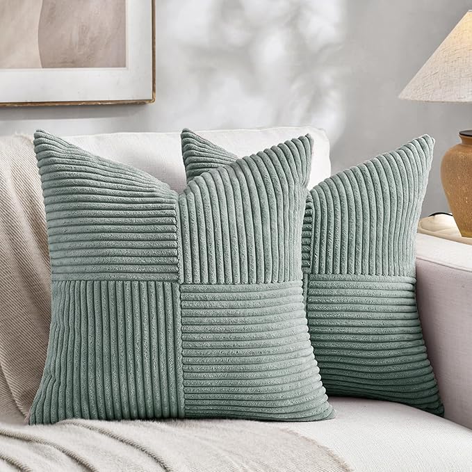 Fancy Homi 2 Packs Grey Blue Decorative Throw Pillow Covers 22x22 Inch for Couch Bed Sofa, Rustic Farmhouse Boho Home Decor, Soft Corss Corduroy Patchwork Accent Square Cushion Case 55x55 cm