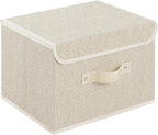 Storage Boxes, Collapsible Storage Bins with Lids, Cotton and linen cloth Storage Baskets with Handle, for Books, Closet, Bedroom, Home, 10.2x7.9x6.7 in, Grey and Beige