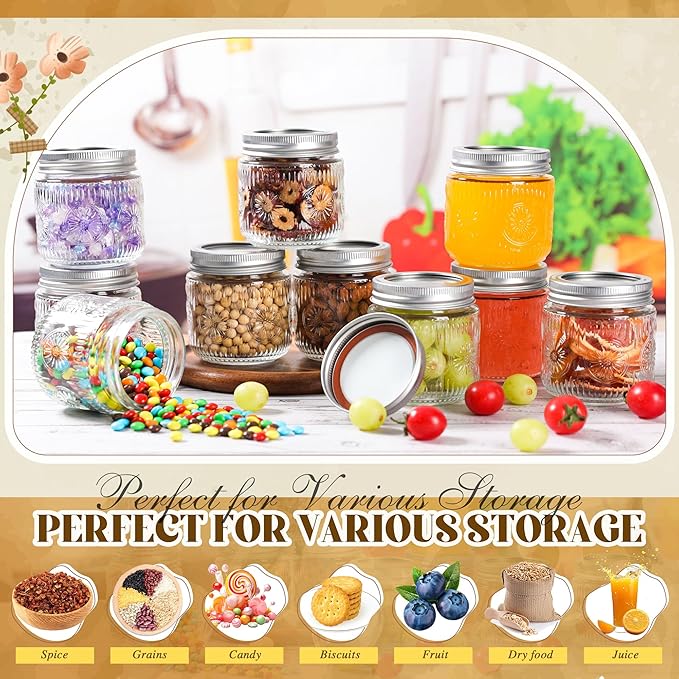 Mason Jars 8 oz - Vintage Small Glass Mason Jars with Silver Metal Lids, Regular Mouth Canning Jars, Safe For Storage, Canning, Pickling, Preserving, Fermenting, DIY Crafts & Decor (8Pack)