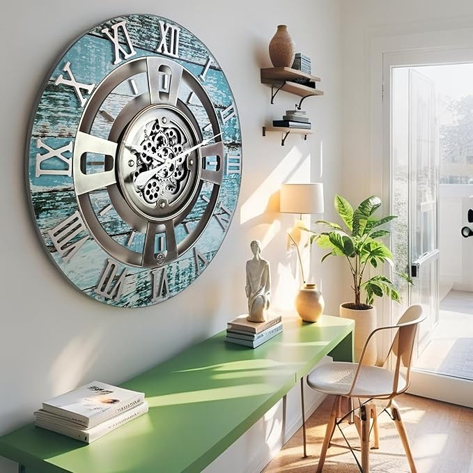 The Gears Clock Real Moving Gear Wall Clock England Line (Aqua Green, 24 inches (60 cm))