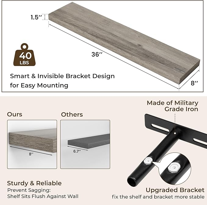 RICHFOCUS 36Inch Floating Shelves for Wall 2 Pack Shelves for Bedroom|Kitchen|Bathroom Wall Mounted Rustic Wood Floating Shelf with Invisible Brackets for Books|Storage|Decor, Grey