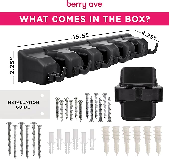 Combo 5 Slot Broom Holder w/ 1 Self Adhesive Mop Gripper No-Drilling, Wall Mount Tool Organizers For Kitchen, Garage, Laundry Room- Anti-Slip Hanger For Brooms, Mops, Rakes, Dustpans (Black / Black)