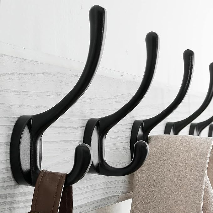 SKOLOO Rustic Wall Mounted Coat Rack, 16 inches Hole to Hole, Case of 2, Pine Solid Wood Coat Hook Hanger - 5 Hooks for Hanging Clothes Robes Towels Coats