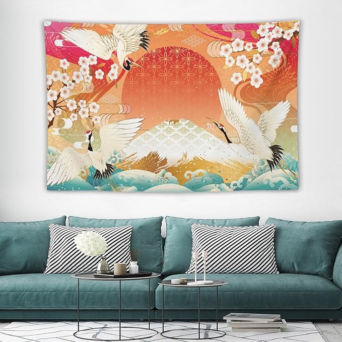 HZOHNAGO Japanese Tapestry Cherry Blossom Crane Sea Wave Fuji Mountain Red Sun Pattern Printed Wall Tapestry Painting Wall Hanging for Bedroom Living Room Dorm 90" W x 60" H