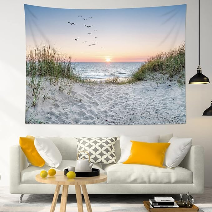 HVEST Ocean Beach Tapestry Wall Hanging, Sunset Seabird and Beach with Grass Wall Tapestry Natural Landscape Tapestries for Bedroom Living Room Dorm Decoration, 60x40 Inches