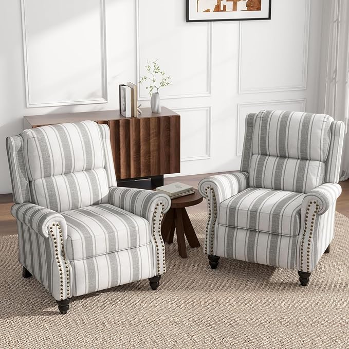 UIXE Pushback Recliner Chairs Set of 2, Fabric Armchair Push Back Accent Chair for Living Room, Rivet Trim Club Chair Overstuffed Home Theater Bedroom Reading Seat - Stripe Gray