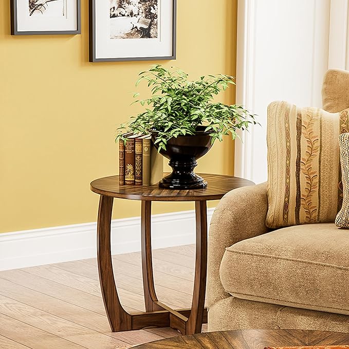 PADMA HOUSE Round Wood End Table with Curved Legs - Brown Walnut