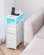 TUTOTAK Narrow LED Night Stand with Charging Station, Slim End Table with Plugins, Tall Side Table with 3 Fabric Drawer, Small Bedside Table with Storage, for Living Room, White TB01BW086L