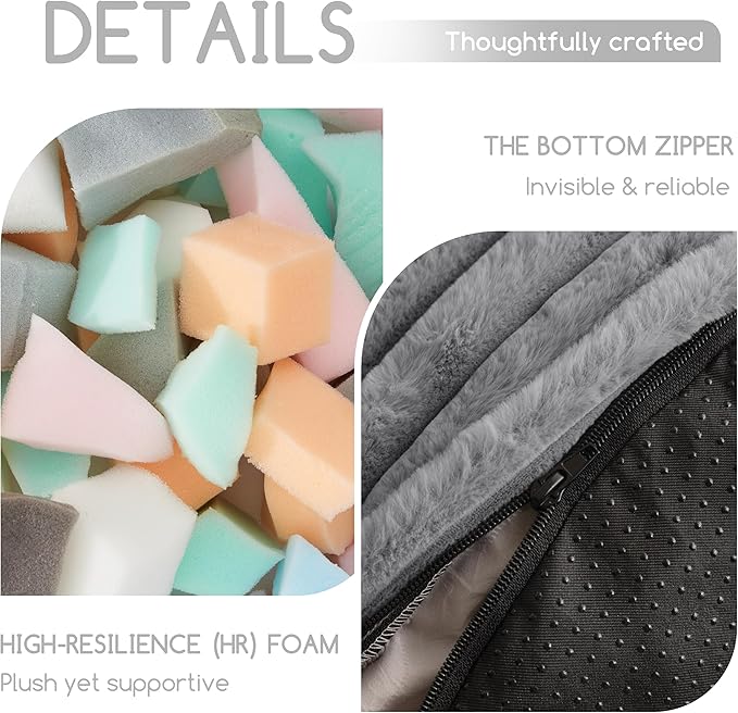 HIGOGOGO Round Stuffed Pouf Ottoman, Stripe Faux Fur Poufs with Foam Chunk Filling, Furry and Fluffy Pouf Foot Stool Storage Ottoman, 20 X 15 Floor Poufs Foot Rest for Living Room, Grey