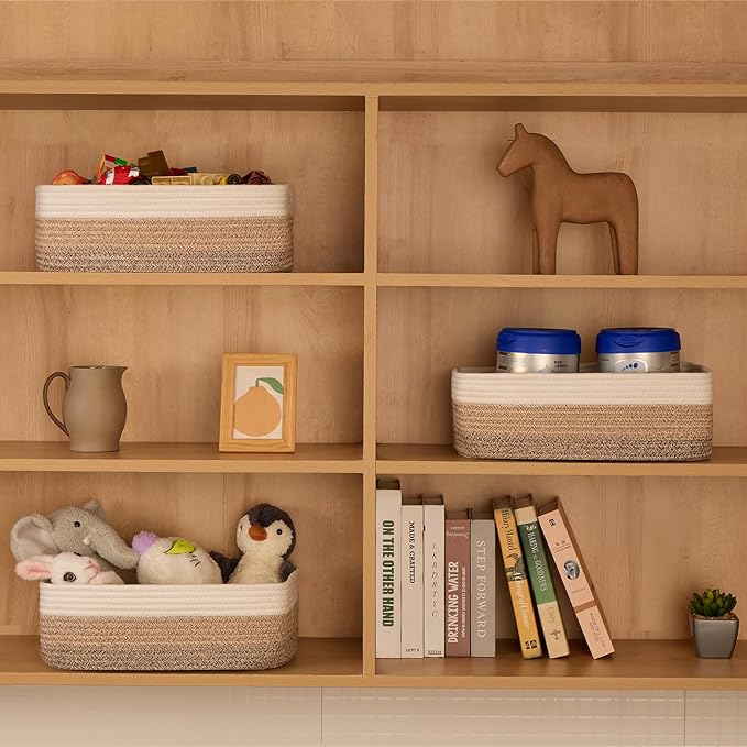 Large Shallow Organizing Baskets 15x11x5.1 Inches - Rope Woven Storage Bins for Bathroom, Shelves, Cube Closet, Gradient Brown 2 Packs
