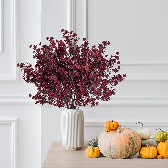 Sggvecsy 15 Pcs Babys Breath Artificial Flowers Gypsophila Bouquets Bulk Real Touch Fake Silk Flowers for Home DIY Floral Arrangement Table Centerpiece Fall Thanksgiving Autumn Decoration (Burgundy)
