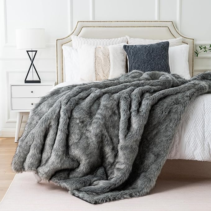 BATTILO HOME Silver Grey Faux Fur Throw Blanket for Couch, Bed, Fake Fur Blankets & Throws, Thick Warm Heavy Fluffy Fuzzy Elegant Furry Blanket Long Pile with Black Tips, 50"x60"